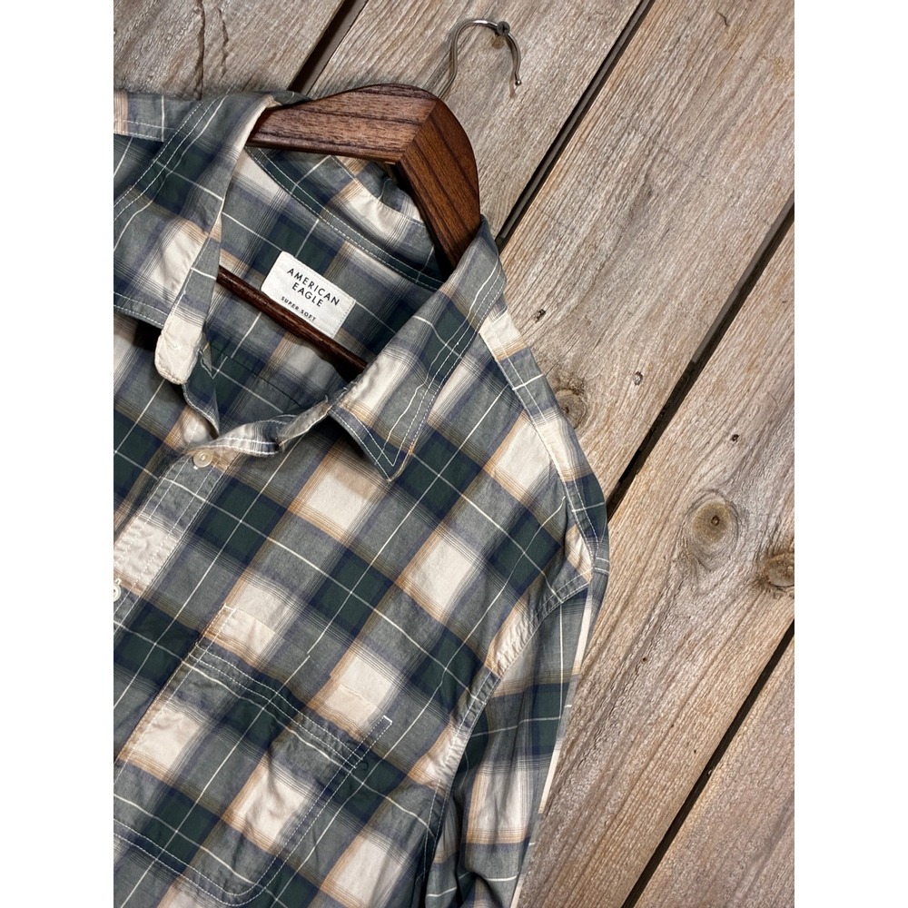 American Eagle Super Soft Plaid Button Down Shirt Mens XL Green Tan 1568-8308-4